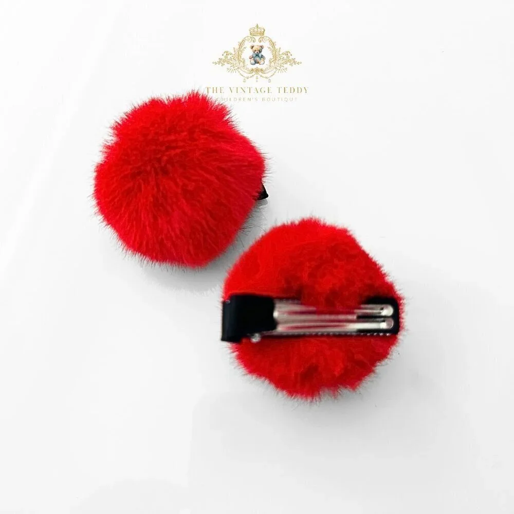 Cute Girls Pom Pom Hair Clips Boutique Hair Accessories for Girls Faux Fur Red